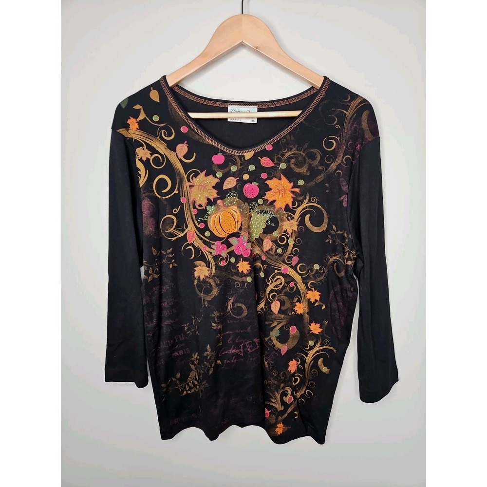 Cactus Bay Top XL Black Fall Pumpkin Artsy Sequin Halloween Cotton Artisian